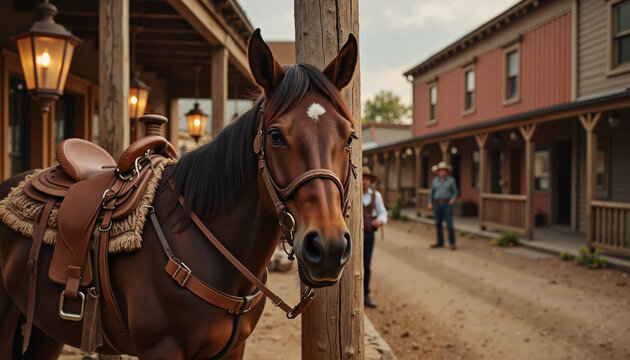 Saddled horse waiting outside old saloon in rustic Western town, nostalgia