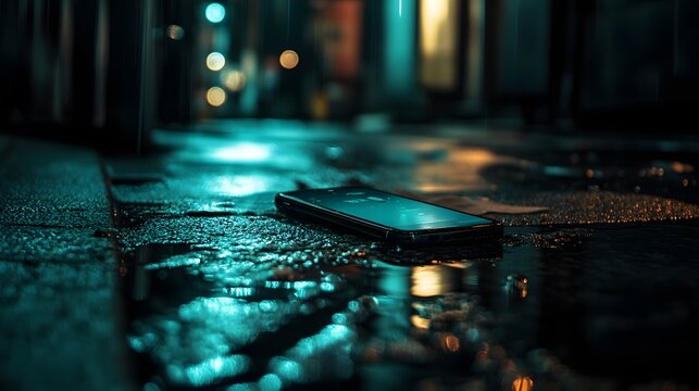 A cell phone is laying on the ground in the rain. The image has a moody and somber feel to it, as the phone is abandoned and the rain adds to the sense of loneliness and isolation