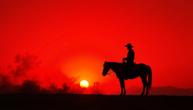 Lone outlaw silhouetted against blood-red sunset, fearless spirit