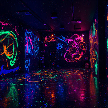 Neon Glow Room with Blacklight Paint Splashes and Fluorescent Graffiti