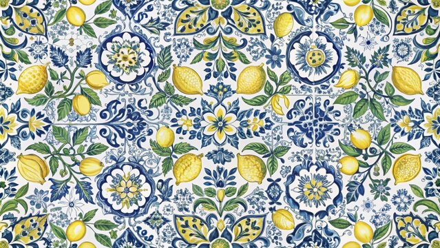 Blue and Yellow Floral Lemon Tile Pattern, Repeating Design, Italian Majolica Inspired, Ceramic Print Italian pottery, lemon print