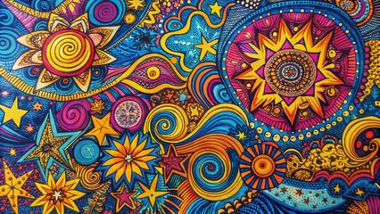 Obraz premium Cosmic Mandala Vibrant Swirls, Stars, and Floral Motifs in Mixed Media, Psychedelic Art, Abstract Psychedelic art, Mandala art