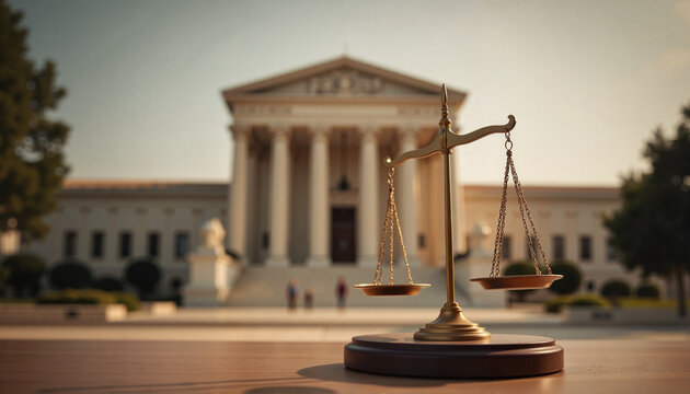 Symbolic scale of justice in front of government building, law and freedom