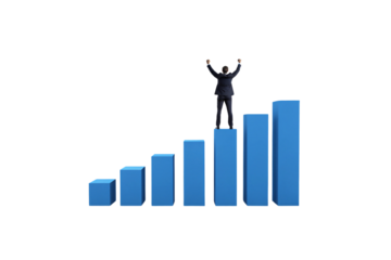 A rear-view businessman raises his arms in victory while standing on the highest bar of an ascending blue bar chart, representing career progress, isolated on a transparent background