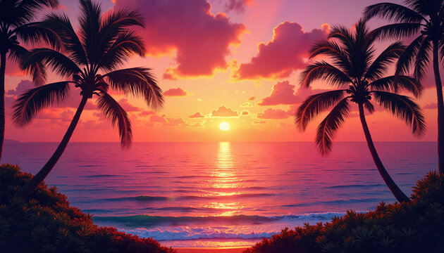 Fototapeta Vibrant sunset over Hawaiian island with palm silhouettes, tropical serenity