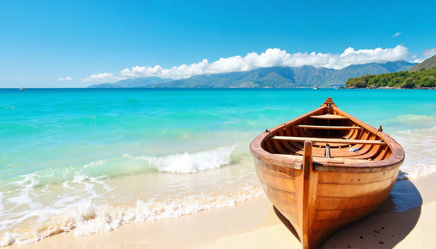 Hawaiian outrigger canoe resting on sandy shore, spirit of adventure