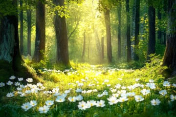 Close up of stunning white anemone flowers in a sunlit spring forest landscape with primroses
