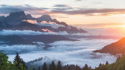 Fototapeta premium Sunrise Over Majestic Mountains With Vast Cloudscape Over the Mountains