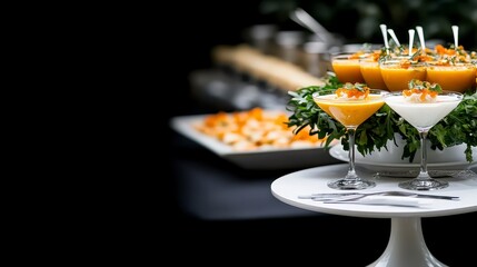 Elegant display of colorful cocktails on a white table at a festive gathering with food