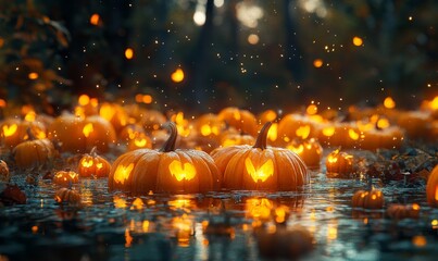whimsical pumpkin patch where enchanted gourds float and glow, creating a magical autumn scene, Generative AI
