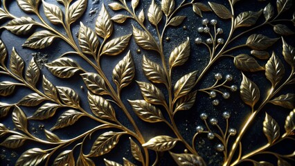 Golden Foliage 3D Rendered Gold Leaf Design on Dark Background, Digital Art, Luxury Texture Digital art, 3D rendering