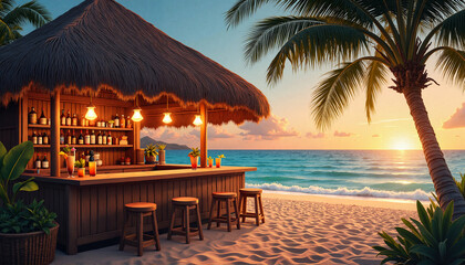 Fototapeta premium Tiki bar illustration at sunset on Hawaiian beach, tropical paradise