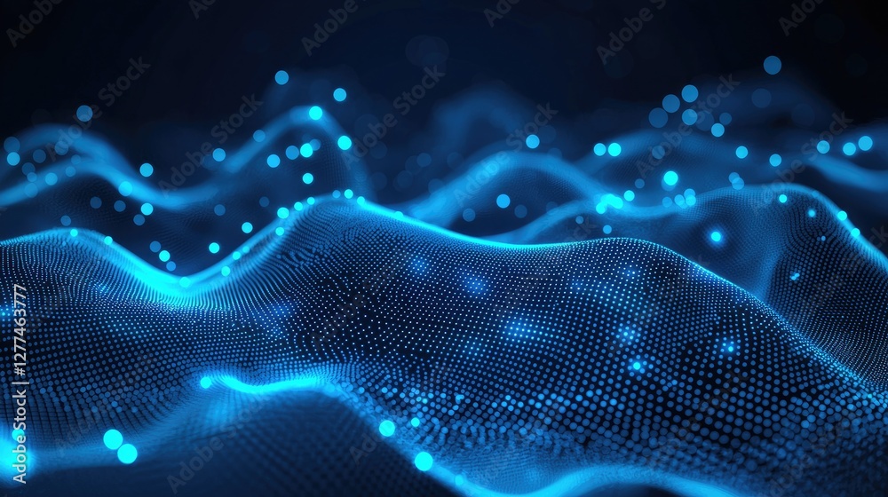 Poster Abstract digital wave with glowing blue particles floating in a futuristic dark space, creating a dynamic technology-inspired background. Ideal for AI, data science, innovation, and network concepts