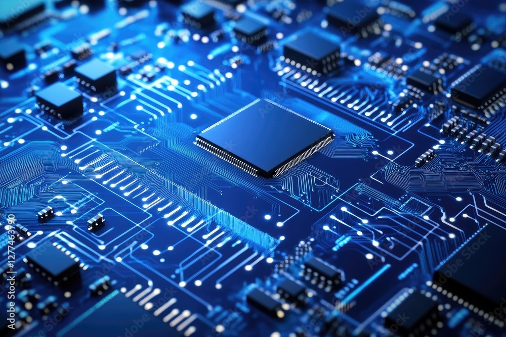 Poster Close-up of a blue circuit board with a central microchip and glowing electronic pathways, symbolizing advanced technology, computing, and innovation. Ideal for AI, data processing
