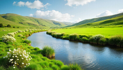 Serene lazy river winding through lush green hills, nature's beauty