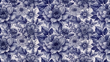 Indigo Floral Seamless Pattern Watercolor Botanical Illustration, Dense Composition, Flower Wallpaper, Floral Design Floral Pattern, Watercolor Flowers