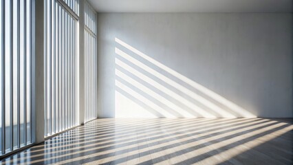 Naklejka premium Minimalist Interior Sunlit Room with Wooden Floor and Window, Composition, Light and Shadow, Architecture, Interior Design Interior design, sunlight