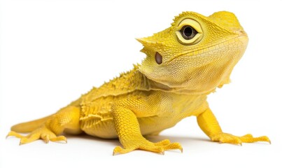 Obraz premium Close-up of a vibrant yellow bearded dragon posing on a white background, showcasing its unique features