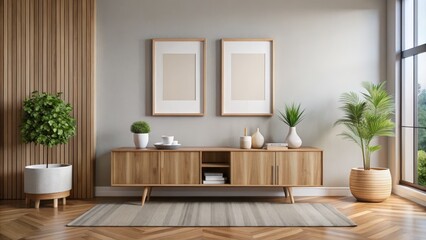 Modern Living Room Design Wooden Cabinet, Neutral Palette, Minimalist Decor, Two Frames, Plant Decor Interior Design, Home Decor
