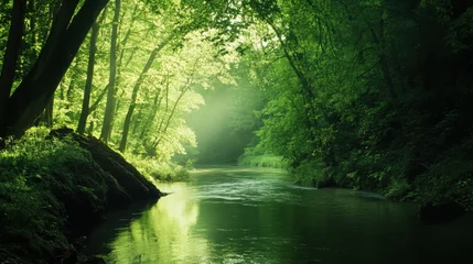 Gardinen Video generation of a serene river winding through a lush green valley. Featuring peaceful water and rural landscapes © Taina