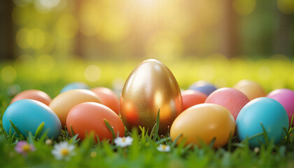 Shining golden Easter egg among colorful painted eggs in grass, treasure hunt excitement