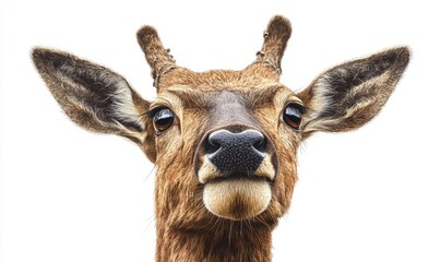 Obraz premium Close-up portrait of a deer showcasing its expressive features against a white background