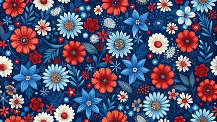 Red, White, and Blue Floral Seamless Pattern Digital Illustration, Navy Background, Botanical Design, Flower Power Floral Pattern, Seamless Design