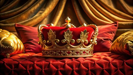Royal Gold Crown on Red Velvet Throne 3D Render,Luxury,Regal, Power,Image Crown, Royalty