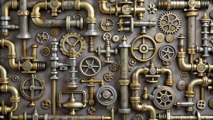 Fototapeta premium Steampunk Collage Gold and Silver Pipes, Gears, and Industrial Design, steampunk, industrial design