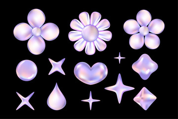 3d Chrome Hearts, Stars, Daisy Flowers, in Y2K style isolated on black. Future galaxy aesthetic,3D chrome bubble art. Metal glossy sticker set.