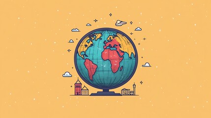 Naklejka premium Sleek vector illustration of a globe with travel icons suitable for travel agency branding