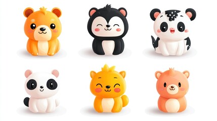 Obraz premium Cute cartoon animal illustrations, set of six small animal characters, including bear, panda, and husky, with joyful expressions and vibrant colors, isolated on white background.