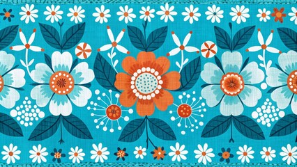 Teal Floral Textile Design Horizontal Composition, Orange and White Flowers, Mid-Century Modern Concept Floral textile, mid century modern