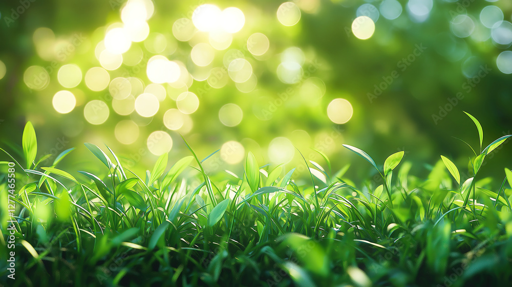 Wall mural save the world and environment concept with earth resting on green grass in a soft bokeh background