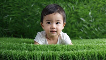 Adorable baby boy playing on lush green grass, showing curiosity with bright eyes in a natural setting