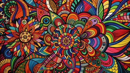 Fototapeta premium Vibrant Abstract Floral Composition Intricate Colorful Doodle Art, Digital Painting, Mandala Concept Abstract art, Digital painting