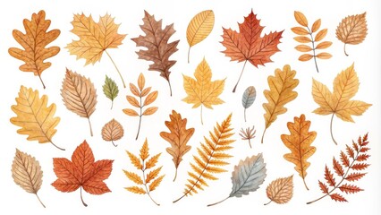 Watercolor Autumn Leaves Collection Oak, Maple and Fern, Fall Foliage, Botanical Illustration, Autumn Leaves Autumn, Watercolor