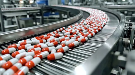 Obraz premium Red and White Capsules Moving on a Conveyor Belt in a Pharmaceutical Factory