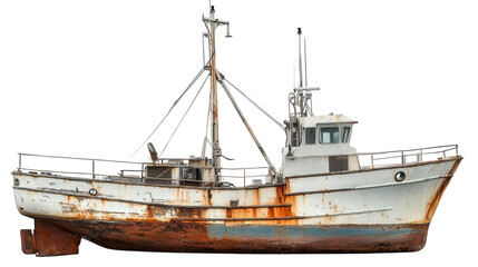 Naklejka premium an old. rusty fishing boat. showcasing signs of wear and age with its peeling paint and corroded metal the boat is likely no longer in use. reflecting a bygone era of fishing and maritime activity