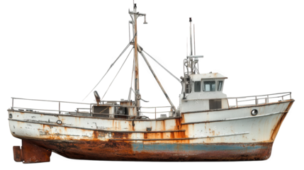an old. rusty fishing boat. showcasing signs of wear and age with its peeling paint and corroded metal the boat is likely no longer in use. reflecting a bygone era of fishing and maritime activity