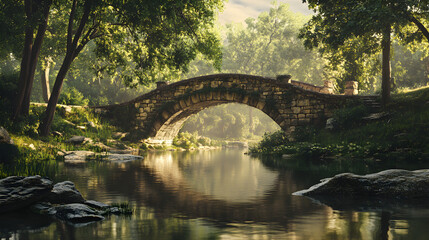 Fototapeta premium Timeless Serenity: A Majestic Old Stone Bridge Bridging Nature's Calm Waterscape