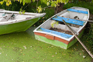 Photograph of abandoned boat on a lake with vegetation.