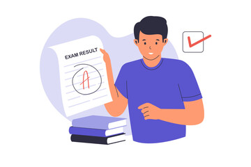Illustration of man gets good exam results. Illustration for websites, landing pages, mobile apps, posters and banners.