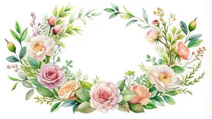 Obraz premium Watercolor Floral Wreath Pastel Roses and Greenery, Circular Composition, Blank Center, Botanical Illustration, Wedding Invitation Design,Floral Frame Floral Wreath, Watercolor