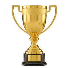 Isolated on a white background, a gleaming golden trophy cup shines brightly. It embodies the essence of a sports tournament award, celebrating the triumph of the winner. 3D rendered image