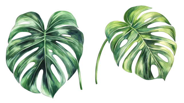 two vibrant. detailed illustrations of monstera leaves. showcasing their distinct shapes and textures the artwork emphasizes the lush greenery and natural beauty of these plants. making it suitable fo