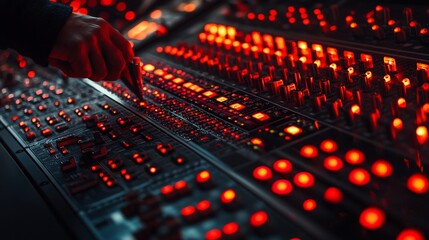 Close-up of hand adjusting audio mixing console.