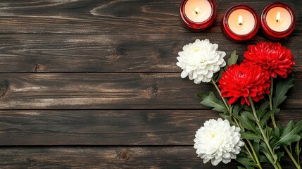 Fototapeta premium Red and White Chrysanthemums Burning Candles on Dark Wood