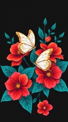 Obraz premium a digital illustration of a floral arrangement with butterflies. The design should feature a dark background, vibrant red flowers, and teal leaves.