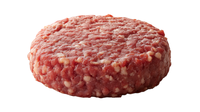 raw beef patty. showcasing its ground meat texture and circular shape. commonly used for making hamburgers it is presented on a plain white background. emphasizing its freshness and appeal for culinar